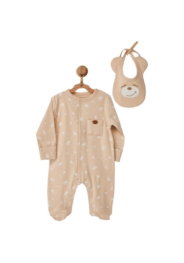Andywawa Erkek Bebek Ayıcık Kabartmalı Önlüklü Tulum Takım AC2276 Bej