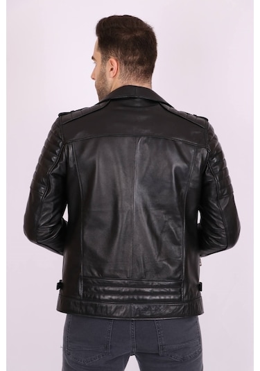 Erkek Siyah Hakiki Deri Yakalı Asimetrik Fermuarlı Spor Mont