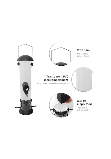 Xindoker Pvc+metal+plastik Asılı Otomatik Kuş Yemliği, 4 Girişli, Sökülebilir Taban, Şeffaf Yem Bölmesi, 14x42cm