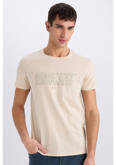 Defacto %100 Pamuk Slim Fit Dar Kesim Bisiklet Yaka Baskılı Kısa Kollu Tişört E0577ax25smbg155 Bej