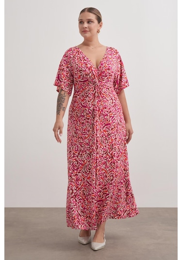 Önü Düğümlü Örme Elbise-1844 Pembe