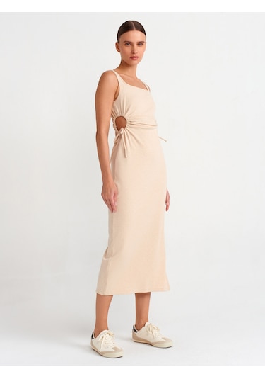 Dilvin Pencere Detaylı Uzun Elbise Bej Melanj