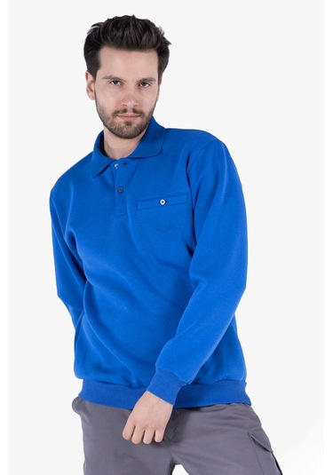3 İplik Polo Yaka Fleto Cepli Sweatshirt Saks Mavi