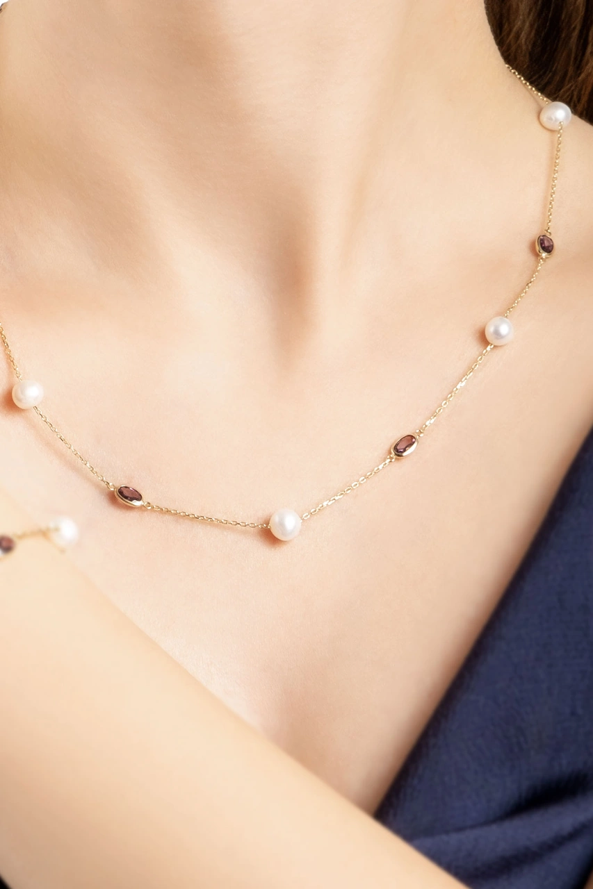 Doğal İnci Işıltısı 14 Ayar 45 Cm Sarı Altın Kolye Mor