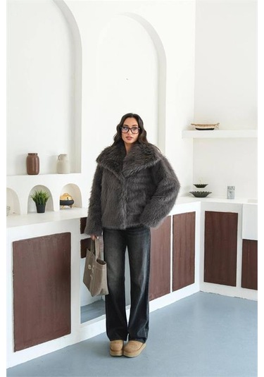 Neşeli Butik Kadın Antrasit Astarlı Kürk Kaban Nbmylk32 Antrasit