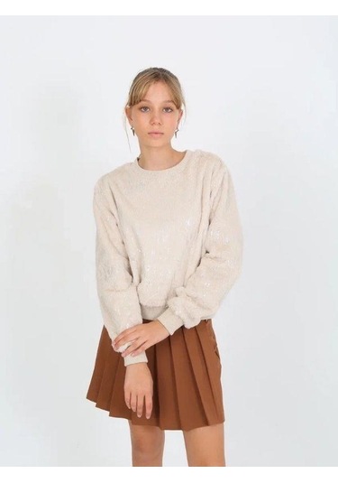 Kız Çocuk Peluş Işıltılı Kazak-14813 Bej