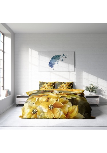Monohome Yellow Flower 3D Pamuk Saten Çift Kişilik Nevresim Takım