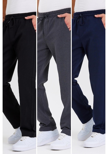 Siyah-antrasit-lacivert Arka Cepli Etiket Detaylı Düz Paça Erkek Içi Pamuklu 3lü Eşofman Altı Paketi Siyah-Lacivert-Antrasit