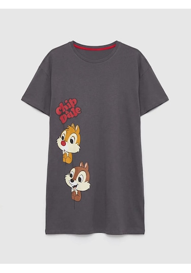 Lc Waikiki Gri Bisiklet Yaka Chip And Dale Baskılı Kadın Gecelik