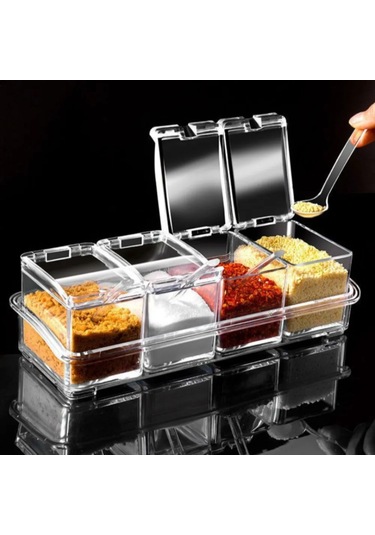 Kosona Ev Mutfak 4 Bölmeli Transparan Baharat Kutusu, Tuzluk Depolama Kutu, Pişirme İçin Şeffaf Baharat Kabı Kaşık İle ŞEffaf