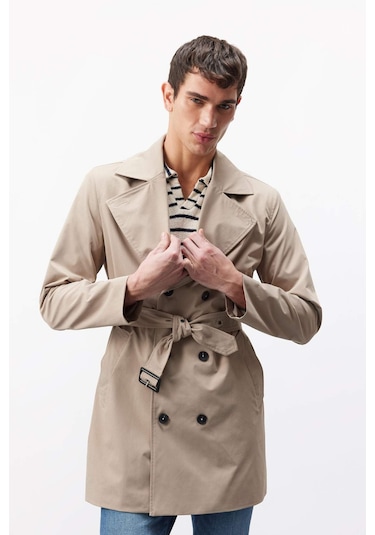 DeFacto Slim Fit Dar Kesim Düğmeli Kemerli Trençkot D5528AX25SPBG193 Bej
