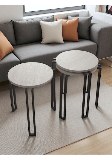 Zigon Sehpa Metal Ayaklı Beyaz Ahşap Yuvarlak Misafir Sehpası 3'lü