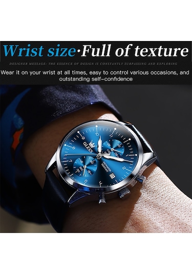 Olevs 2880 Erkekler Çok Fonksiyonlu İş Su Geçirmez Deri Kayış Kuvars İzle Mavi