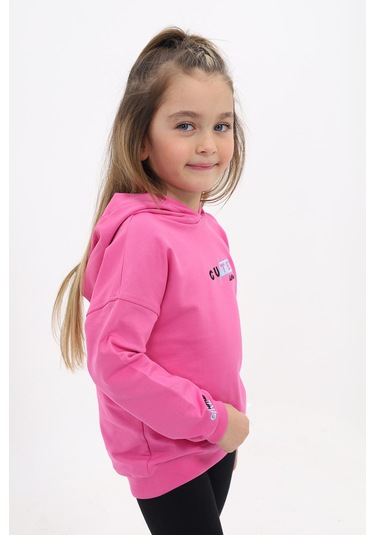 Kız Çocuk Relax Fit Kapüşonlu Düşük Omuz Baskılı Sweatshirt - 2 İplik Fuşya