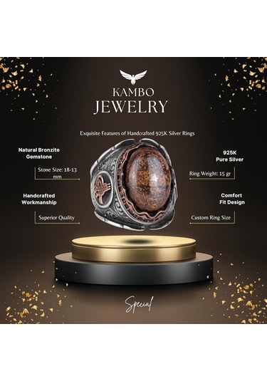 Gerçek Doğal Bronzit Taş Yüzük, 925 Ayar Katı Gümüş Erkek Yüzüğü, Osmanlı Tuğra Yüzüğü Gümüş