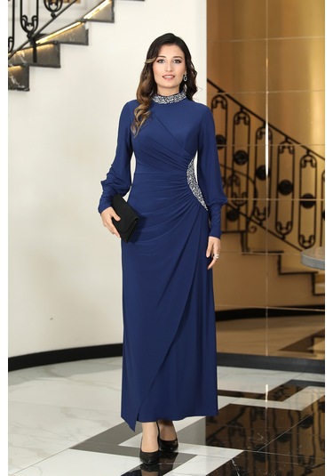 Taş Detaylı Lavinni Tesettür Abiye Elbise İndigo