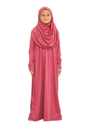 İki Parça Çocuk Elbisesi Seti Eşarp İle Takım Gül Kurusu