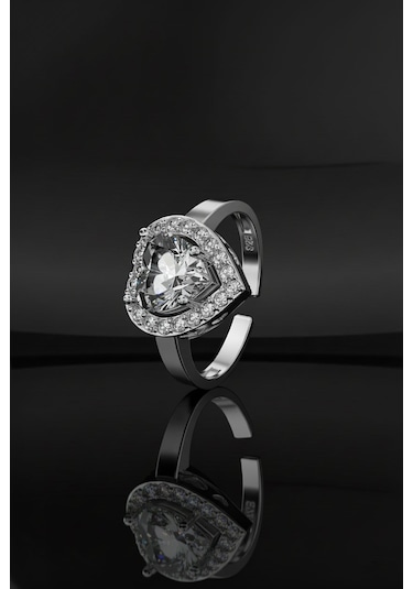 925 Ayar Zirkon Taşlı Rodyum Pırlanta Işıltılı Kalp Ayarlanabilir Gümüş Yüzük Rr10028 Gümüş