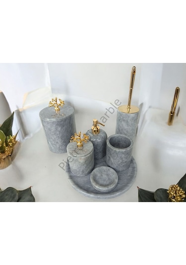 Gri Mermer Klasik Model 7 Parça Gold Renk Mercan Aksesuarlı Banyo Seti Gri