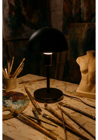 Modern Siyah Metal Masa Lambası Mantar Başlıklı Dekoratif Masa Ve Komodin Lambası Siyah