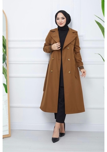 Bondit Kumaş Ribanalı Uzun Boy Trençkot / Kahverengi - M0110 Kahverengi
