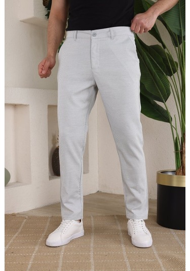 Erkek Casual Slim Fit Cord Desenli Kumaş Pantolon Gri