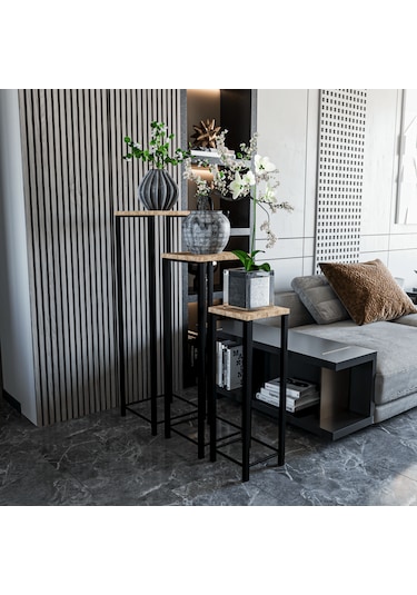 Dekoratif Saksılık 3'lü Takım - Metal Ayaklı Saksı Standı Yan Sehpa Atlantik Çam