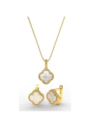 Erdobia 925 Ayar Beyaz Sedef Taşlı Gold Yonca Kolye Küpe 2'li Gümüş Set-takım