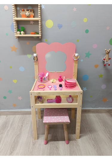 Ahşap Çocuk Güzellik Makyaj Masası Tabüreli