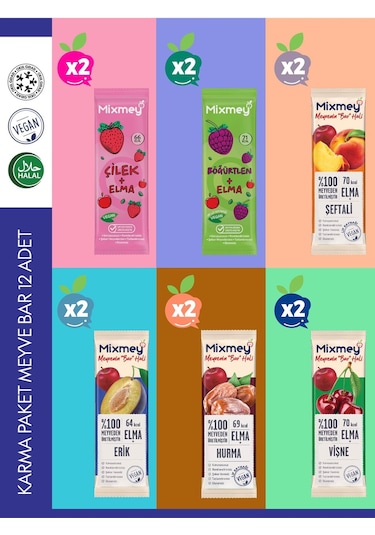 Mixmey Karma 2 Meyve Bar 12 Adet | Sağlıklı Atıştırmalıklar – Vegan, Glutensiz, Koruyucusuz 20gr X 12 Adet