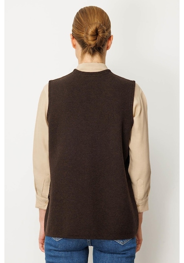 Desen Triko Kadın V Yaka Çelik Örgü Yün Anne Yelek 25044 Koyu Kahve Koyu Kahve