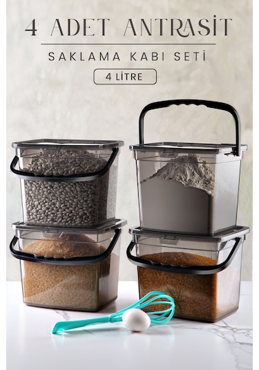 Kitchen Life Mega Boy 4'lü Kare Un Baklüyat Kabı 4 Litre - Kulplu Deterjanlık Saklama Kutusu Kabı 4 Adet