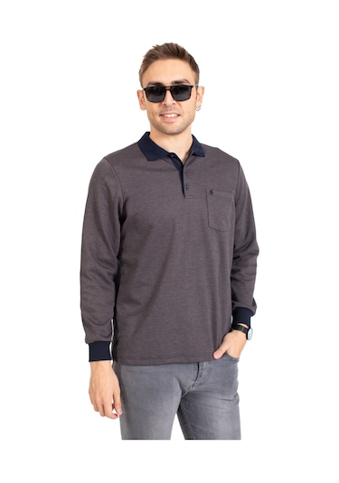 Erkek Orta Yaş ve Üzeri Polo Yaka Cepli Uzun Kollu Fitilli Mevsimlik Sweatshirt 1219-Kahve Rengi-Kahve Rengi Kahverengi