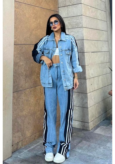 Kadın Siyah Kot Garnili Yanı Şeritli Palazzo Alt Üst Takım Çok Renkli