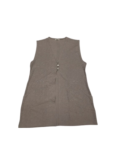 Kadın Önü Üç Düğmeli Jakarlı Cepli Kısa Yelek Krem