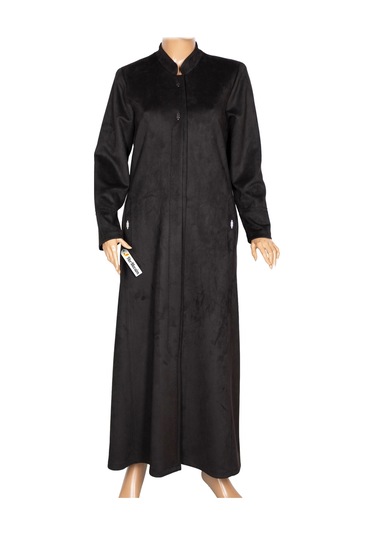 Hesna Kadın Serez Büyük Beden Süet Yanı Cepli Kışlık Siyah Pardesü Siyah