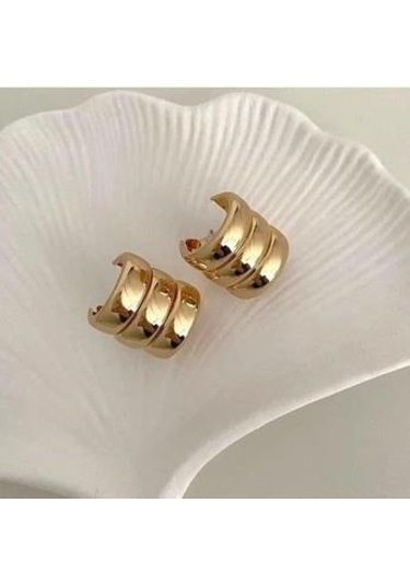 Üç Sıra Çoklu Görünüm Bombeli Çelik Küpe Gold Renk Sarı