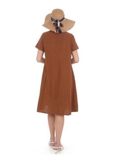 Yarım Kol Yuvarlak Yaka İşlemeli Keten Elbise-9166 Tarçın