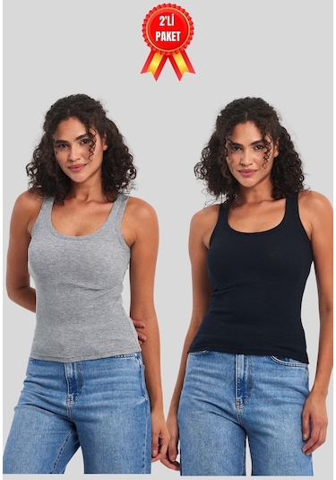 Mmetalic Kadın Siyah-beyaz Fitilli Görünümlü Askılı Kalın 2'li Basic Atlet Bluz 001
