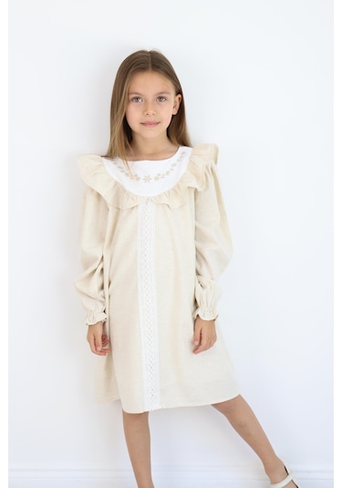 Miababy Nakış Detaylı Keten Elbise 1-8 Yaş Krem