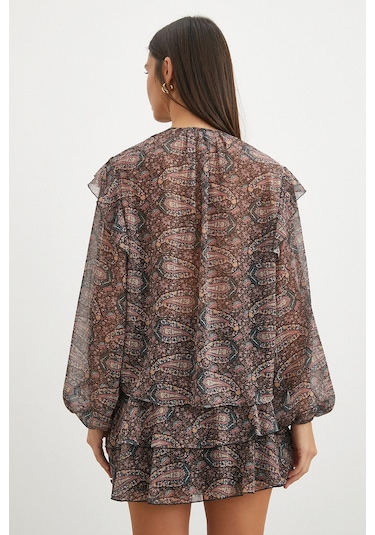 Uterpe Paisley Desenli Fırfırlı Gömlek Siyah