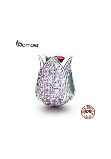 Bamoer Romantik 925 Ayar Gümüş Lale Çiçek Yaprakları Pembe Cz Boncuk Fit Kadın Bilezik Ve Kolye Gümüş - Pembe Altın