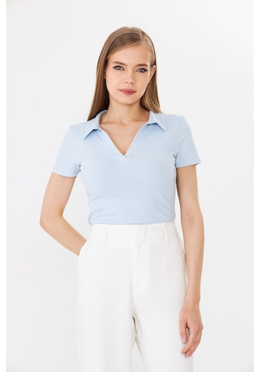 Hdm Kadın Mavi Polo Yaka Fitilli Günlük Bluz - H6038