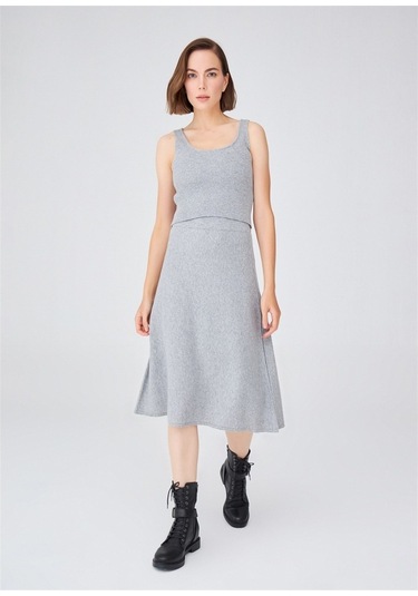 Peraluna Kloş Kesim Kaşmir Karışım Diz Altı Triko Etek Gri Melanj