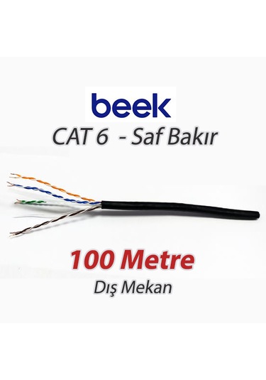 Beek Cat6 U-utp Saf Bakır Dış Mekan Data Kablosu 4x2x23 Awg Pe Siyah Renk 100 Mt