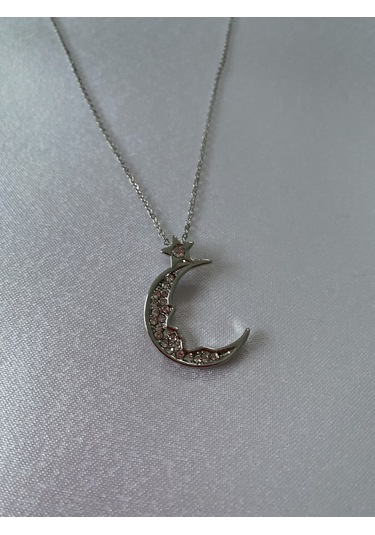 Ay Figürlü Mini Yıldız Detaylı Kolye Gümüş Renk Mor