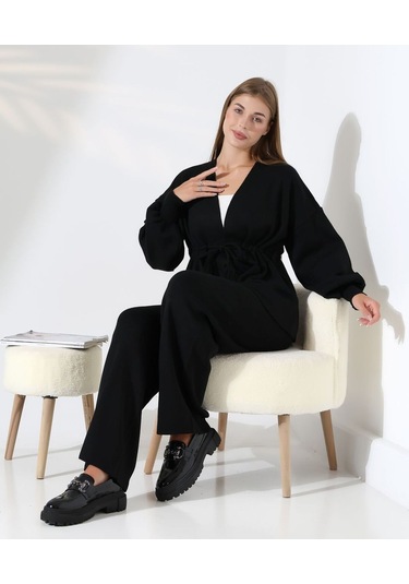 Kuşak Detaylı İkili Triko Takım Siyah
