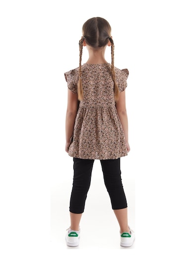 Ahengim Kız Çocuk Takım Vizkon Baskılı Taytlı Alt Üst Takım Pamuklu Ak2522 Bej