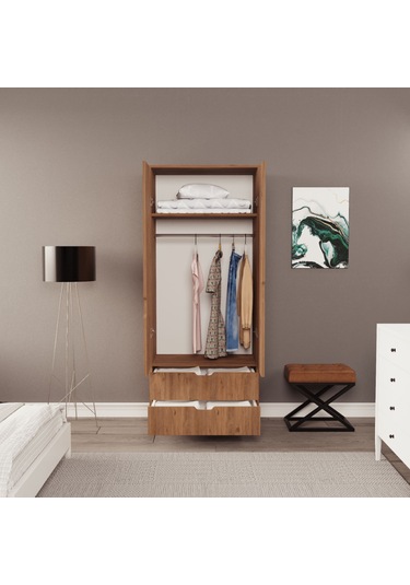 Moderno Mini 2 Kapaklı 2 Çekmeceli Gardırop Kompakt Tasarım, Modern Görünüm Atlantik Çam