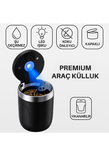 Coofbe Premium Car Ashtray Led Işıklı Taşınabilir Kapaklı Araba Küllük Kül Tablası Yıkanabilir Küllük